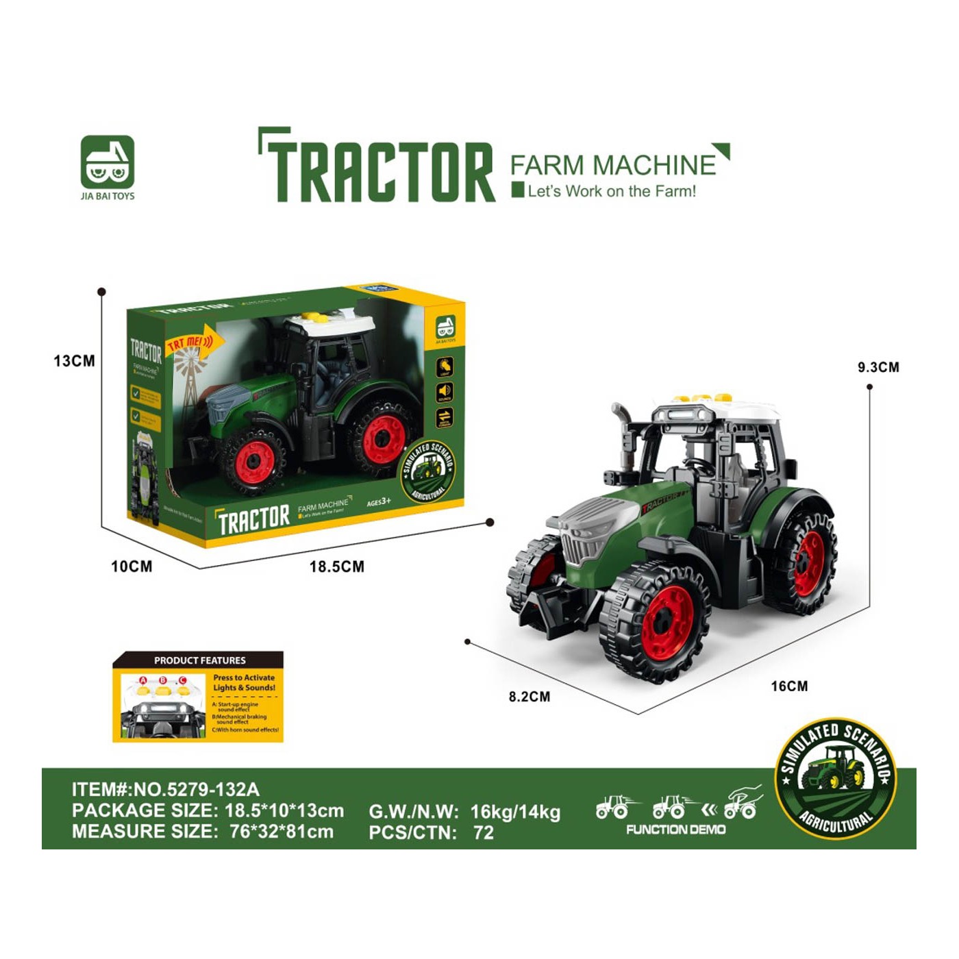 Traktor se světly a zvukovou funkcí Tmavě zelená