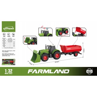 Zelený traktor se světly a zvukem 1:32 + červený přívěs
