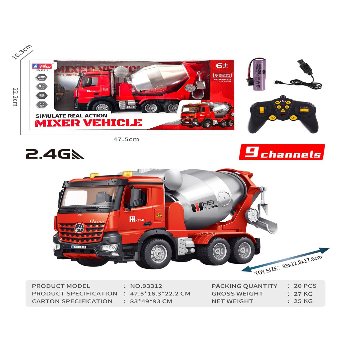 Červená R/C míchačka na beton se světelnou a zvukovou funkcí