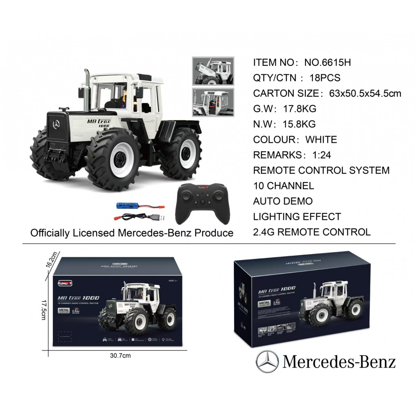 Traktor bílý 1:24 s dálkovým ovládáním Mercedes Benz