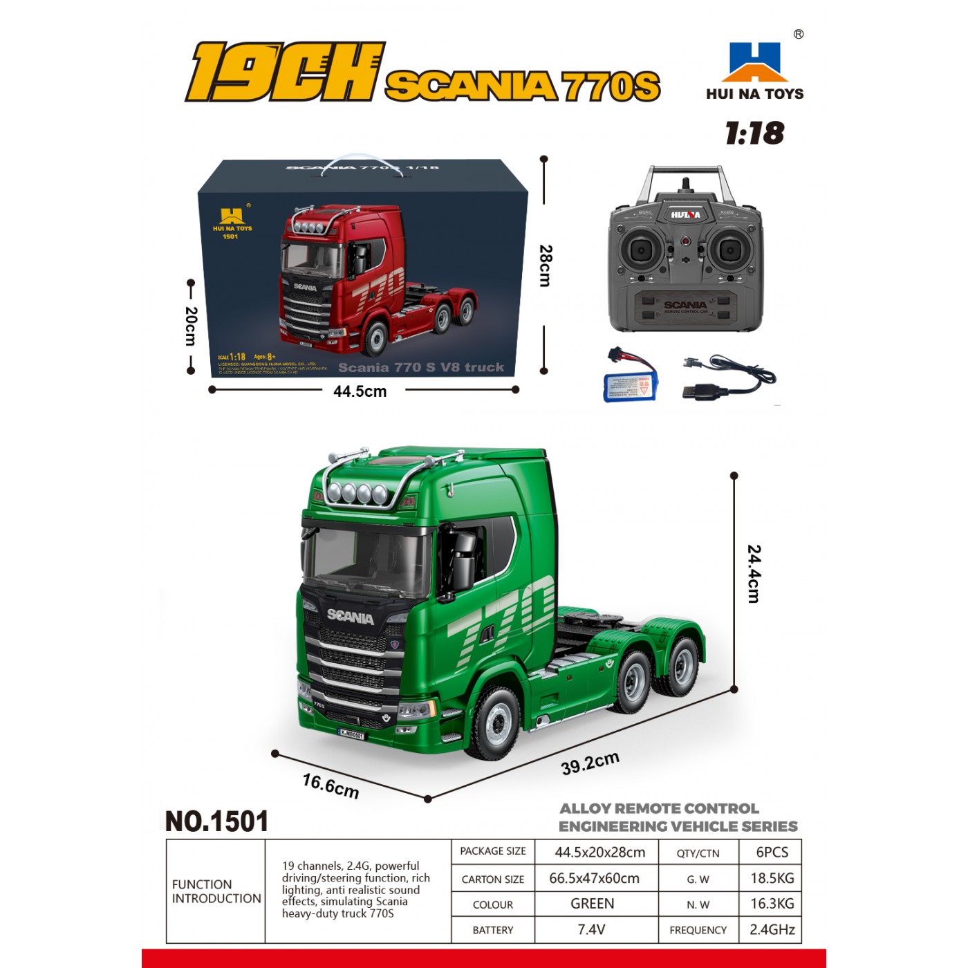 Nákladní auto SCANIA 770S R/C v měřítku 1:18, zelené