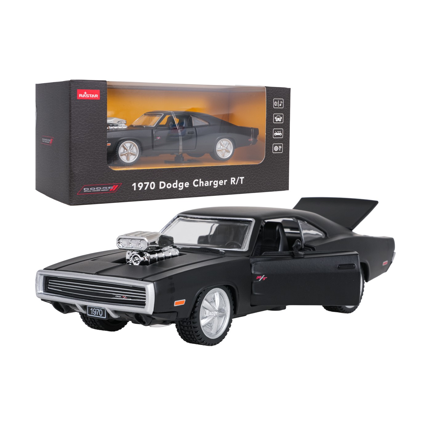 Kovové auto 1:36 1970 Dodge Charger R/T Černé RASTAR
