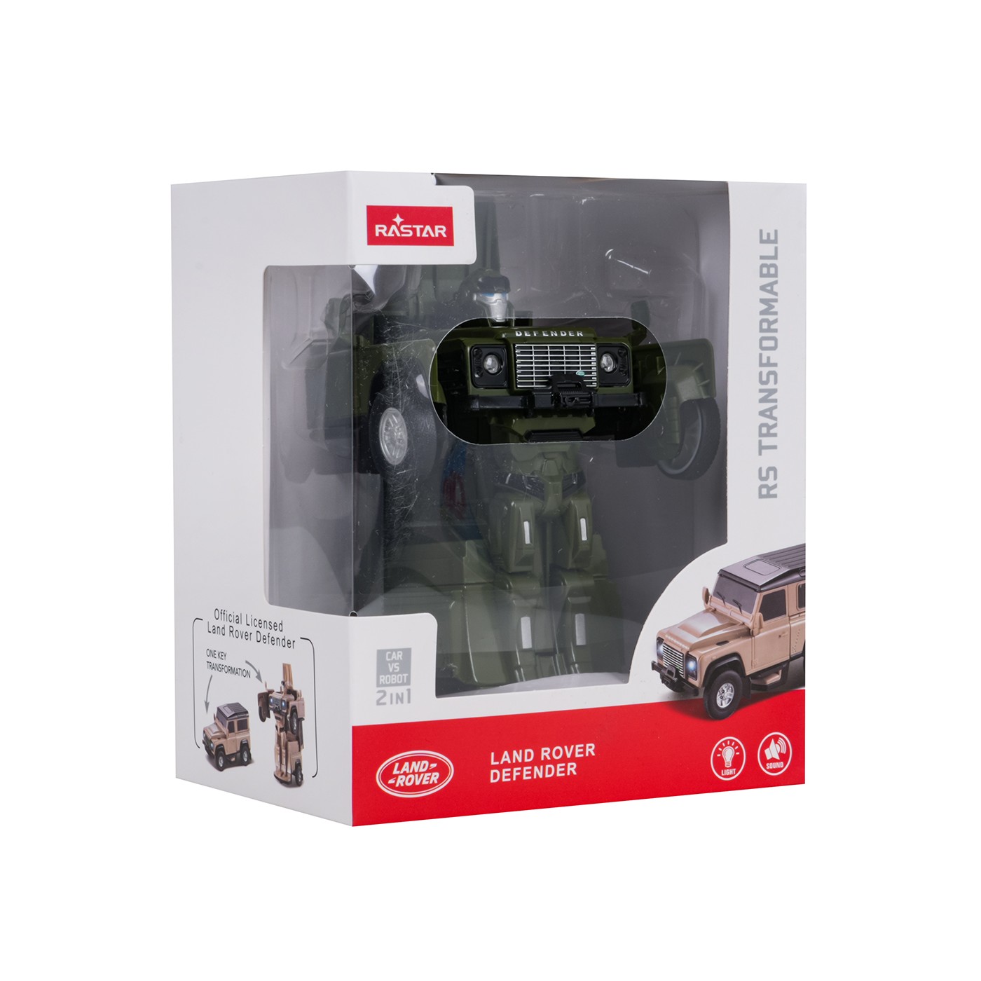 Kovové auto/robot 2v1 1:32 Land Rover Defender zelený RASTAR