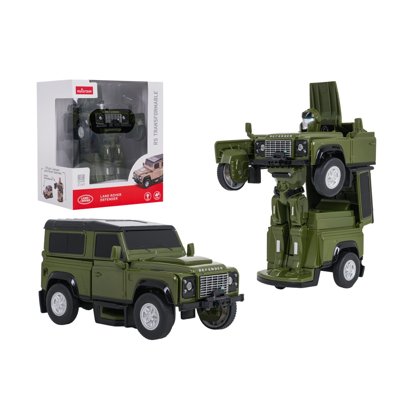 Kovové auto/robot 2v1 1:32 Land Rover Defender zelený RASTAR