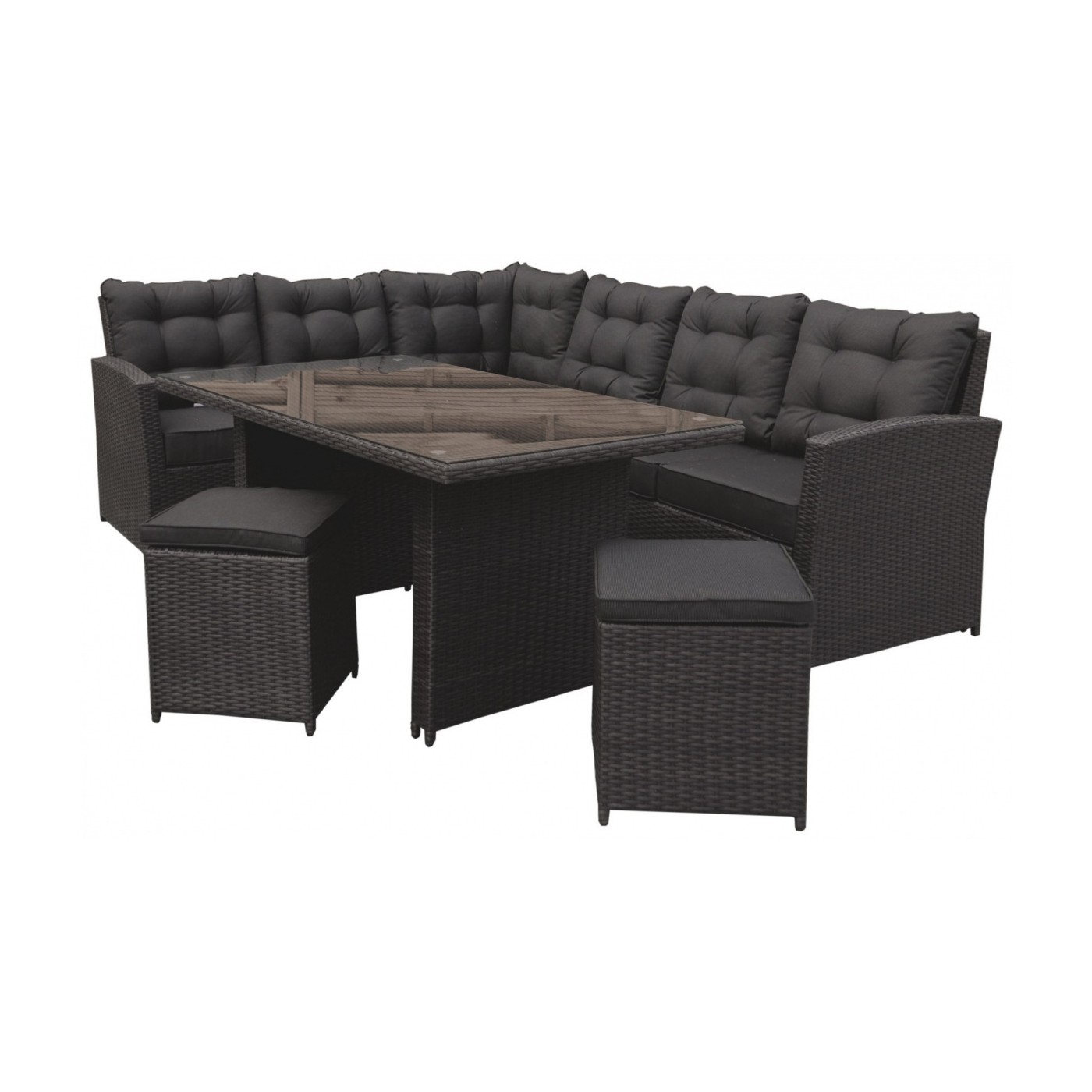 Sada zahradního nábytku 4v1 Brazen Techorattan Corner Table 2 Pouffes 15 polštářů