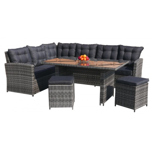 Sada zahradního nábytku 4v1 Techorattan Grey Corner Table 2 Pouffes 15 polštářů