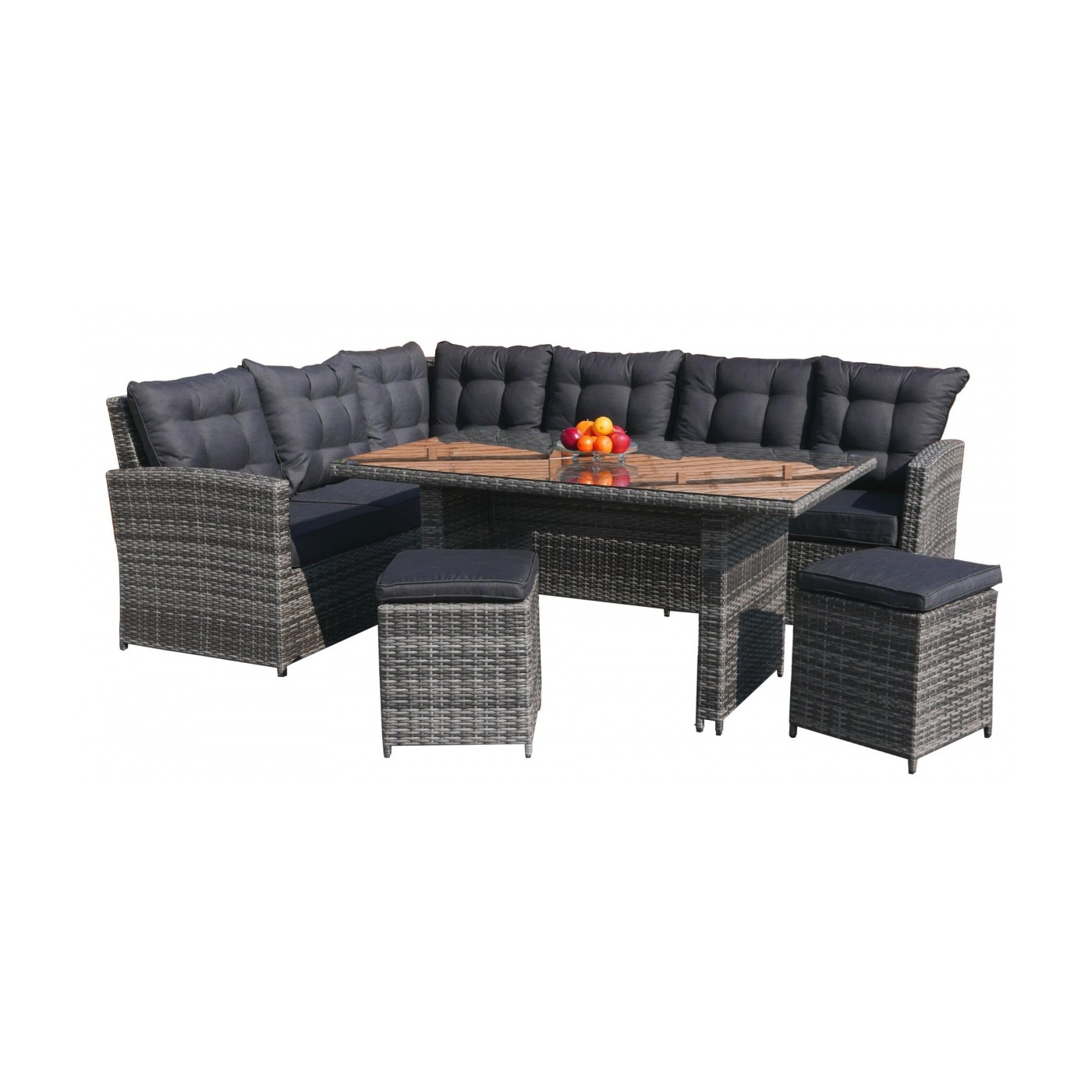 Sada zahradního nábytku 4v1 Techorattan Grey Corner Table 2 Pouffes 15 polštářů