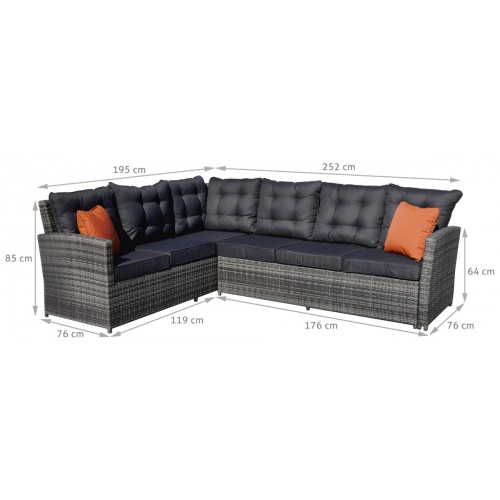 Sada zahradního nábytku 4v1 Techorattan Grey Corner Table 2 Pouffes 15 polštářů