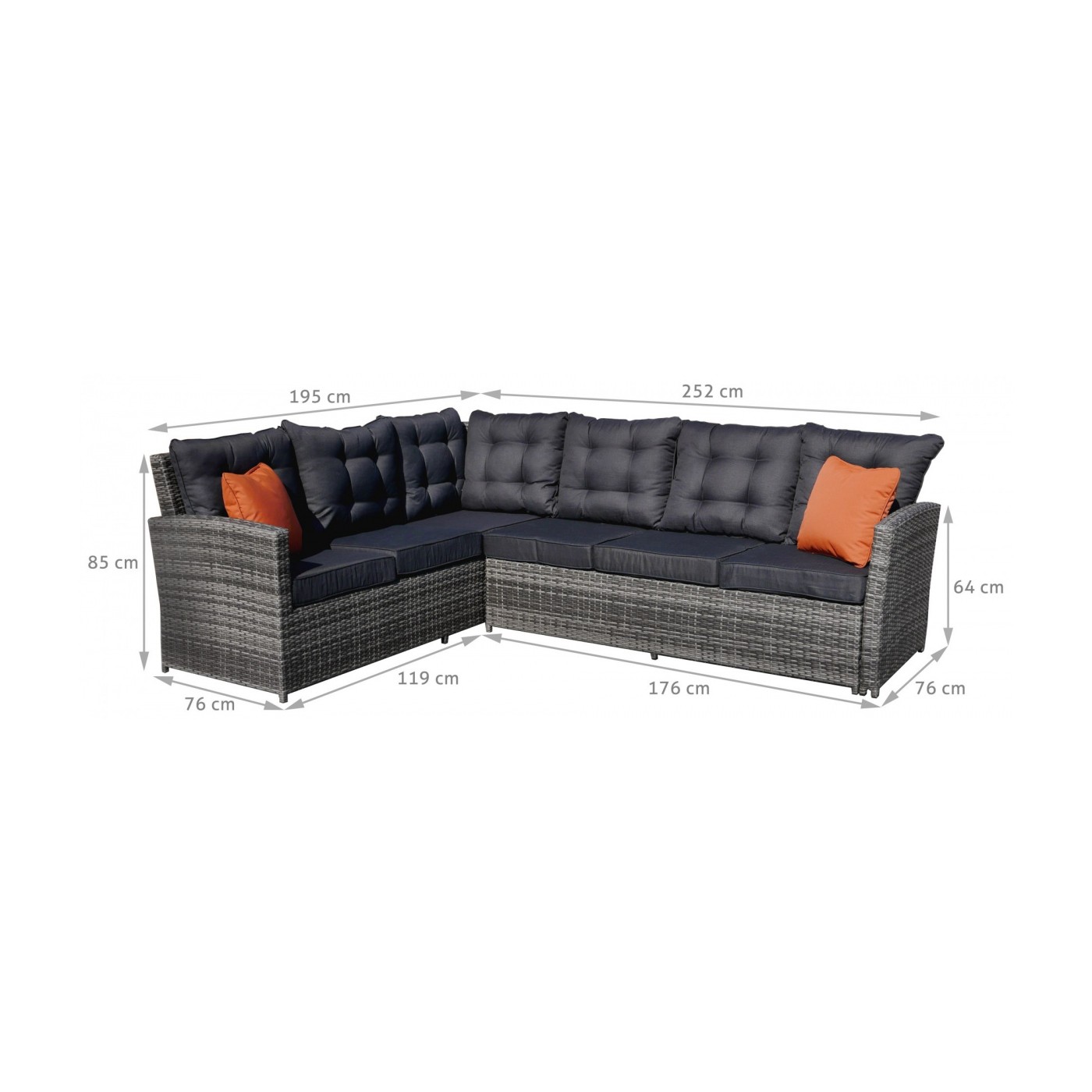 Sada zahradního nábytku 4v1 Techorattan Grey Corner Table 2 Pouffes 15 polštářů