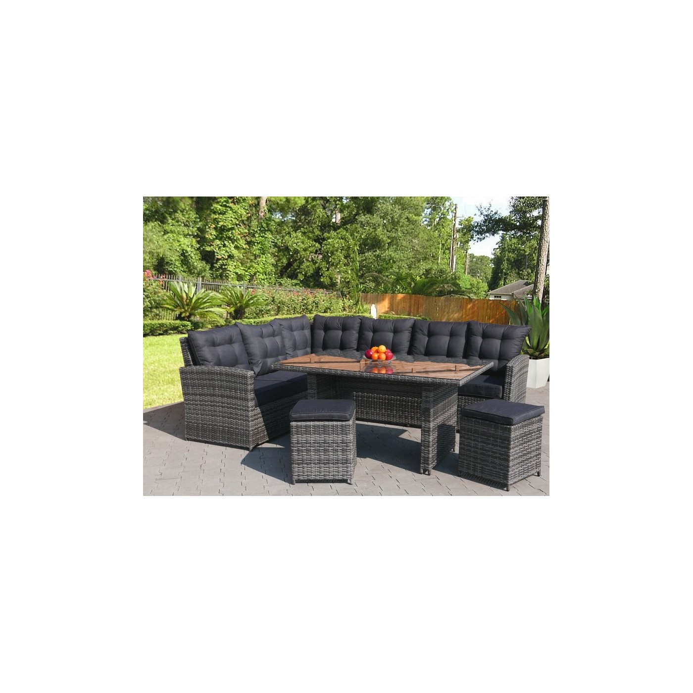 Sada zahradního nábytku 4v1 Techorattan Grey Corner Table 2 Pouffes 15 polštářů