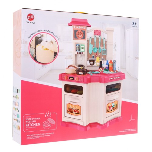 Růžová dětská kuchyně 3+ rádio + interaktivní hořák + funkce páry + příslušenství