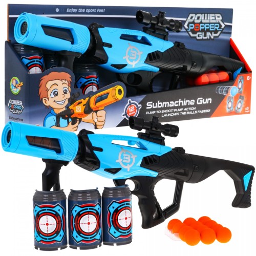 Velká dětská pistole 6+ ruční požární mechanismus + 12 pěnových koulí + 3 atrapy plechovek