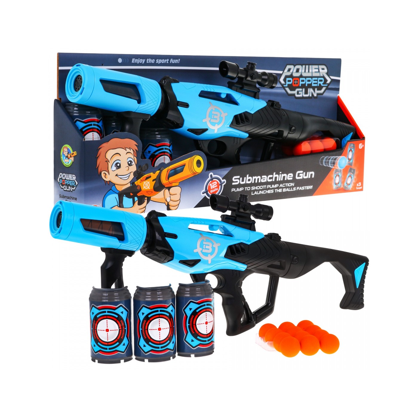 Velká dětská pistole 6+ ruční požární mechanismus + 12 pěnových koulí + 3 atrapy plechovek
