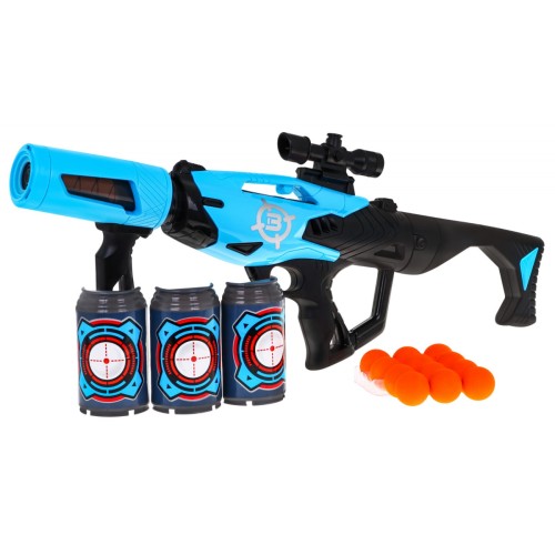Velká dětská pistole 6+ ruční požární mechanismus + 12 pěnových koulí + 3 atrapy plechovek