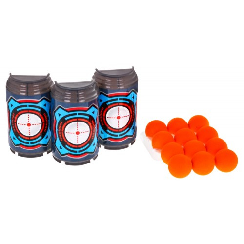 Velká dětská pistole 6+ ruční požární mechanismus + 12 pěnových koulí + 3 atrapy plechovek