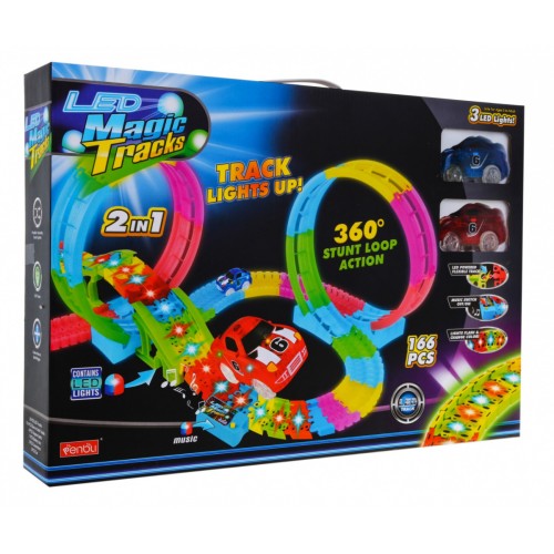 Zářivá dětská závodní dráha 3+ Petle 360 + 166 el. kopců + 2 led auta