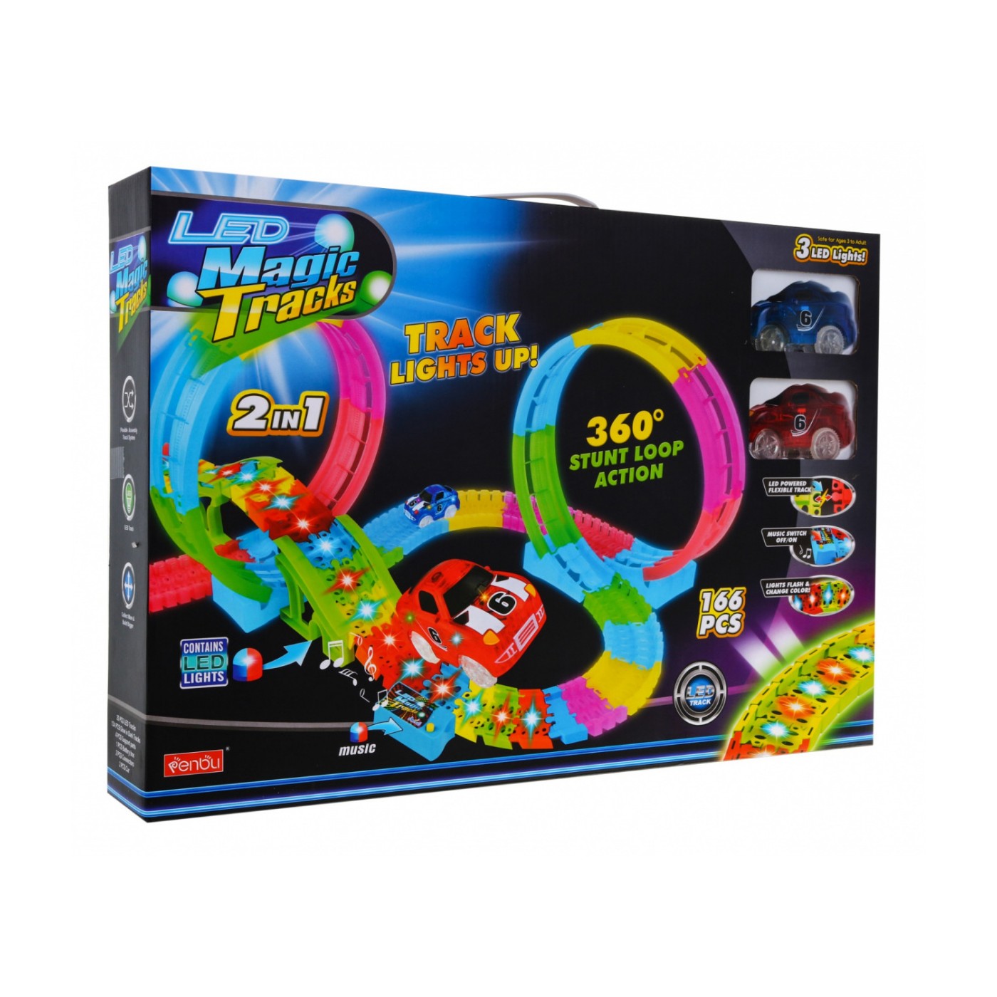 Zářivá dětská závodní dráha 3+ Petle 360 + 166 el. kopců + 2 led auta